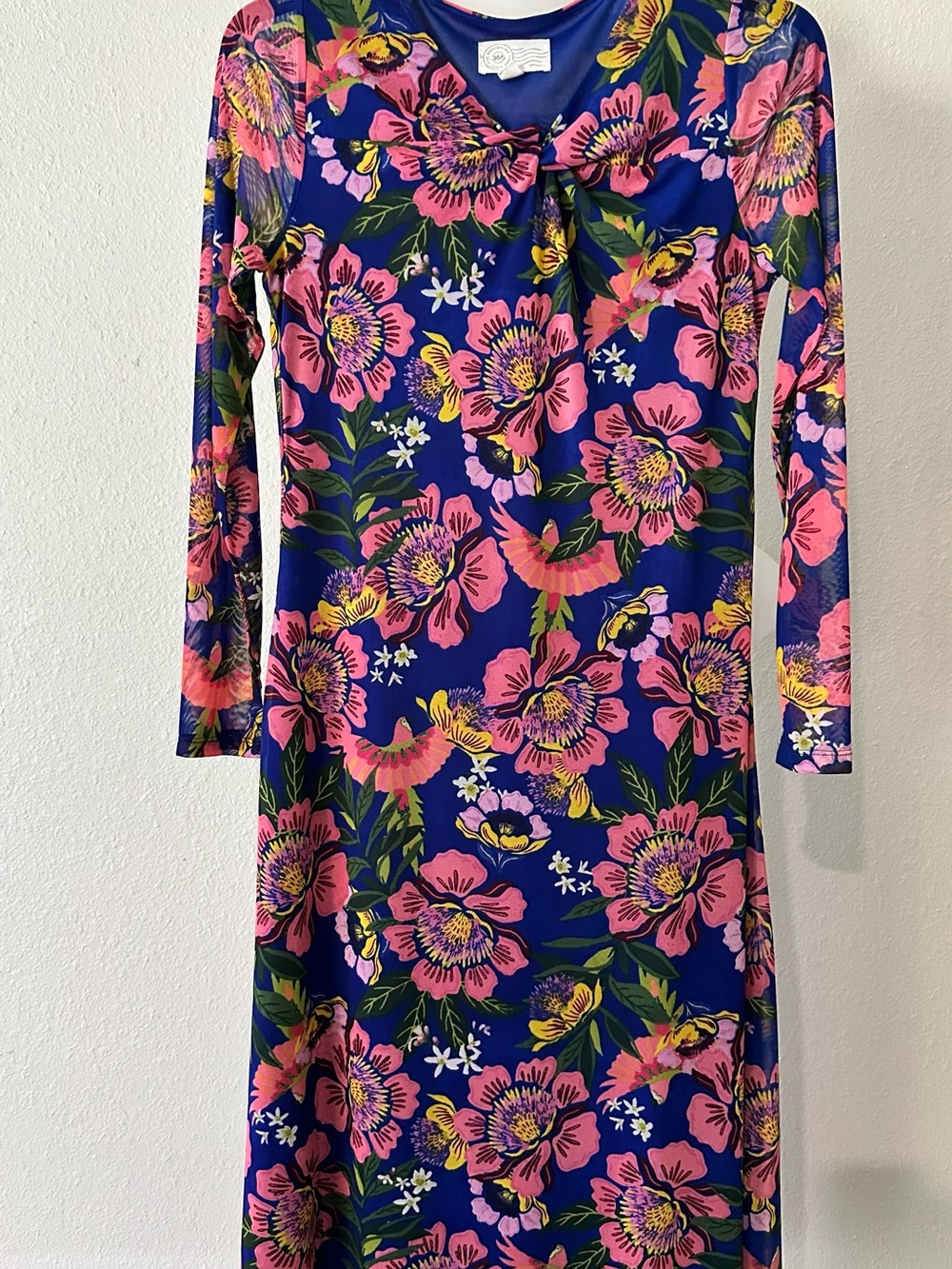 Destination 365 Blue Floral Mesh Long Sleeve Midi Dress Size S